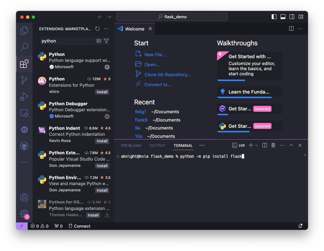 Installing flask from VSC terminal